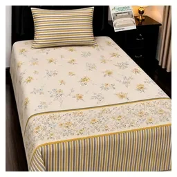 Khadi Mustard Stripe Floral Pure Cotton 4-Piece Single Bedsheet Set